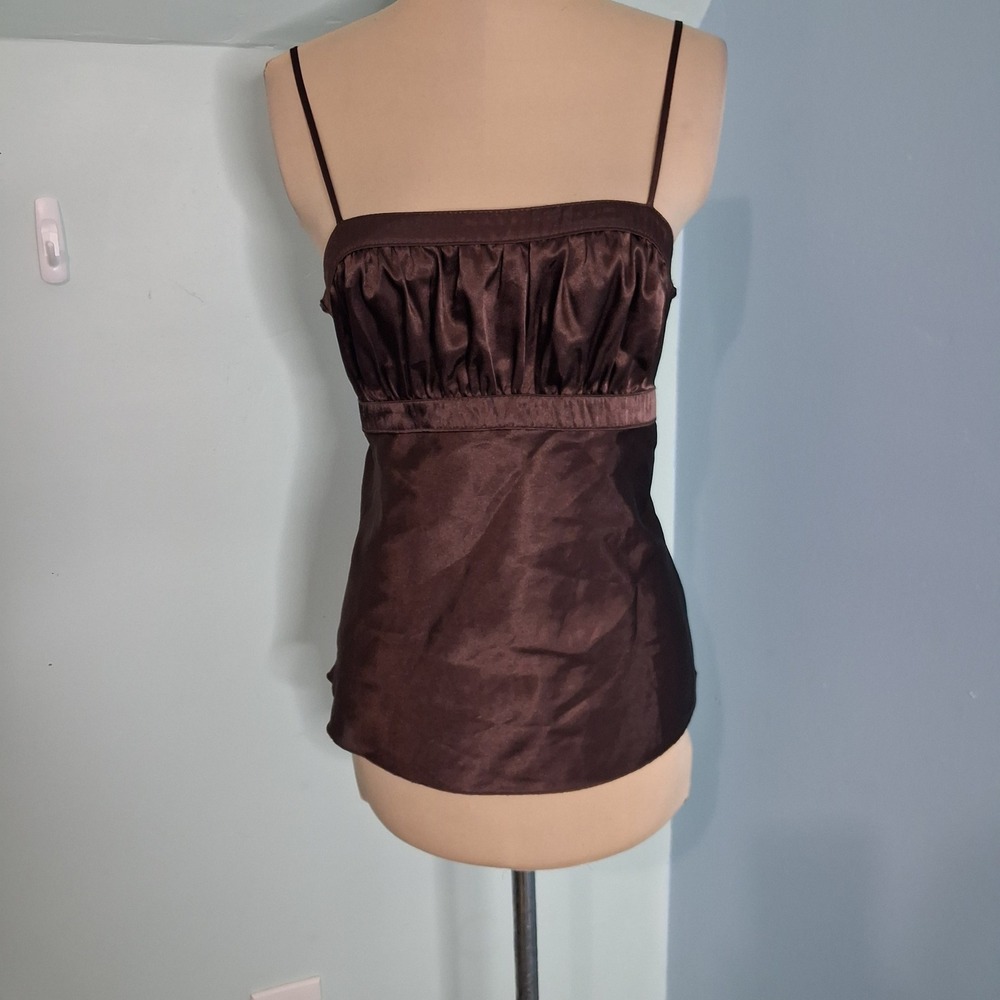 Self Esteem Brown Satin Cami Top Y2K Empire Waist Ruched Bust Tie Back